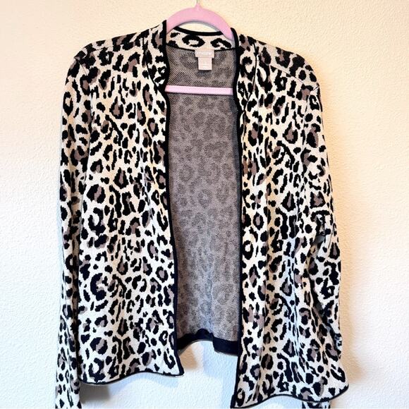 Chicos Black Tan Cheetah Cardigan Sweater Womens XL Zipper Hem Preppy Classic - Picture 1 of 8